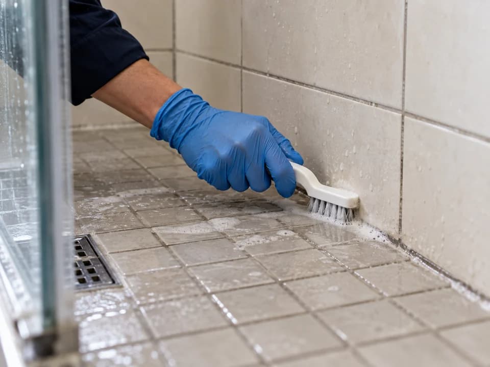 Blue-gloved hand scrubbing shower grout with a detail brush