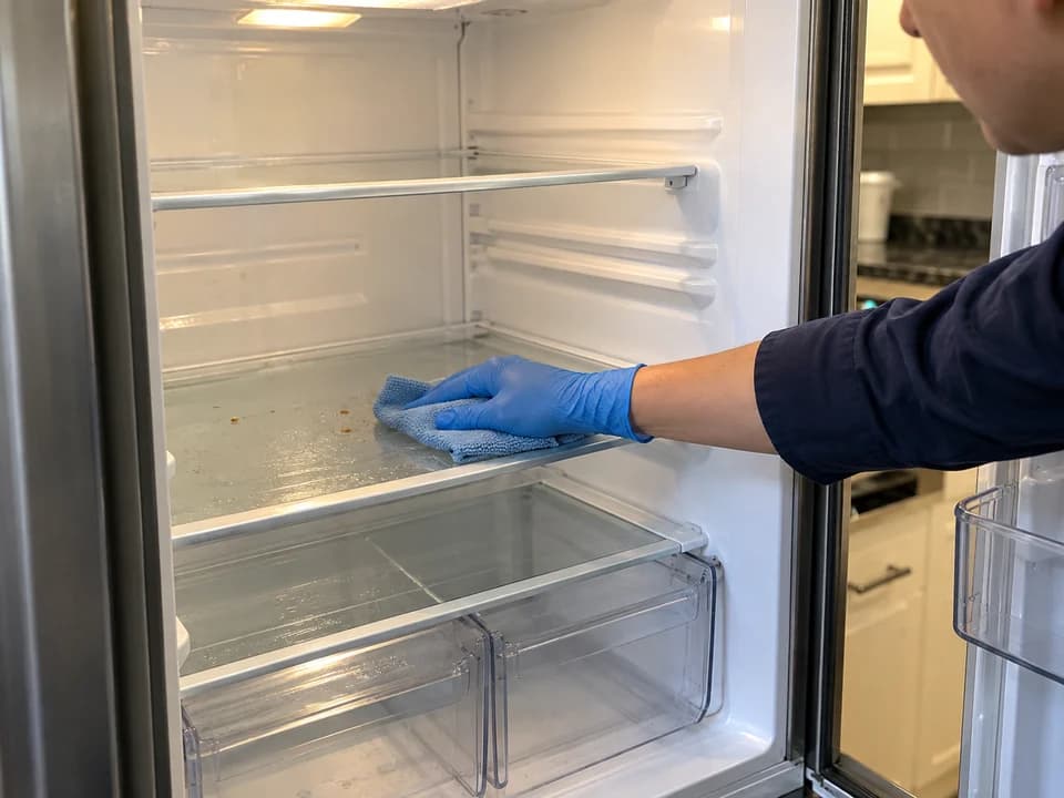 Blue-gloved hand wiping a glass shelf inside an empty refrigerator