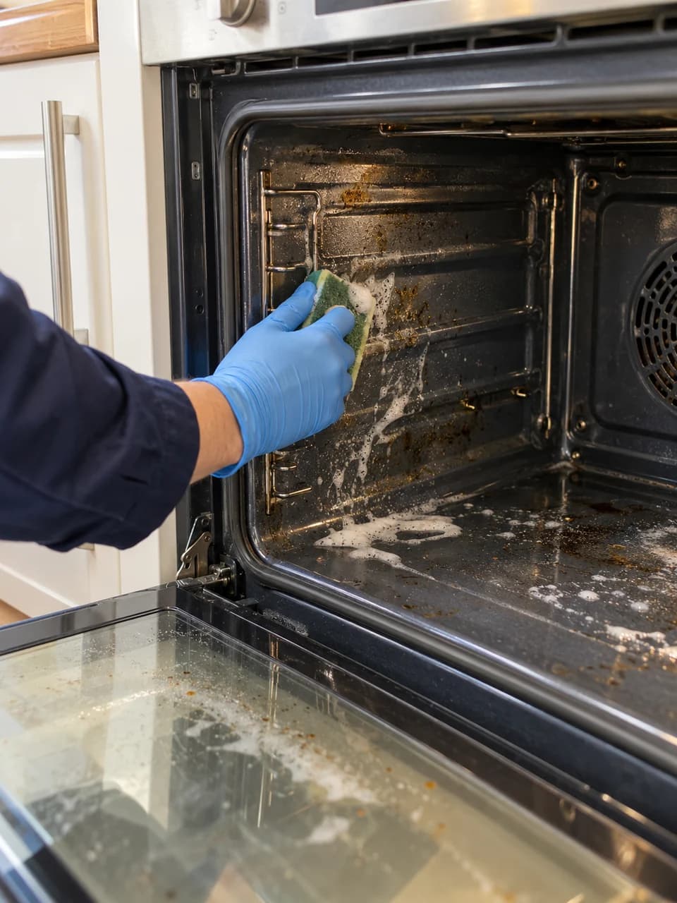 Blue-gloved hand scrubbing grease from the inside of an open oven