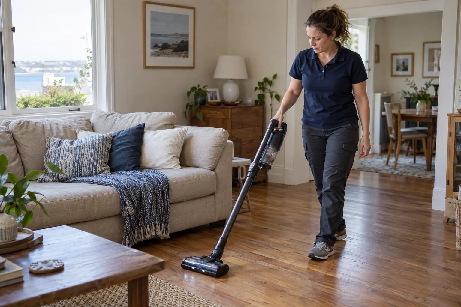 Cleaner vacuuming a wood floor beside a sofa