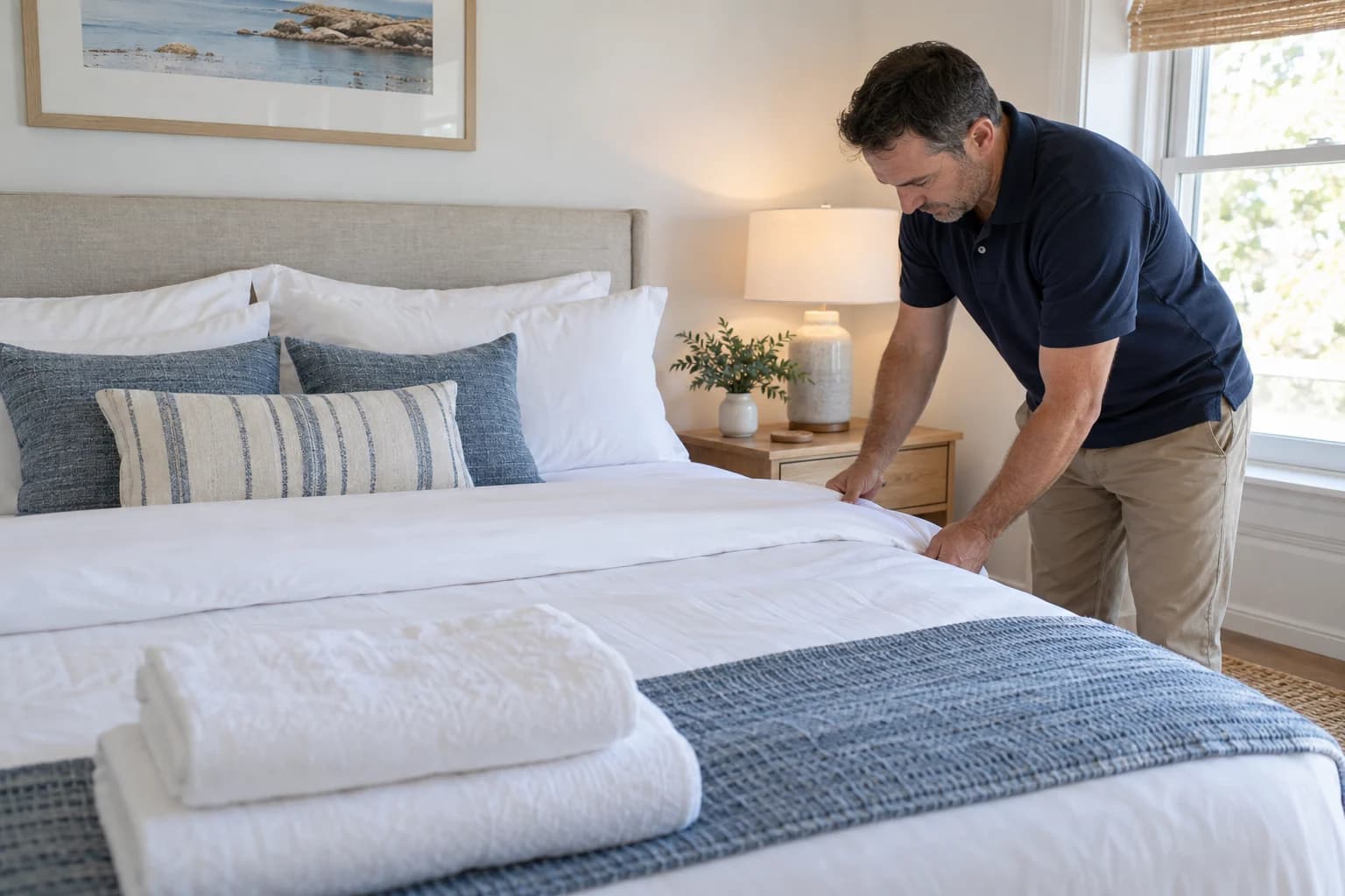 Cleaner tucking white bedding beside a stack of fresh towels