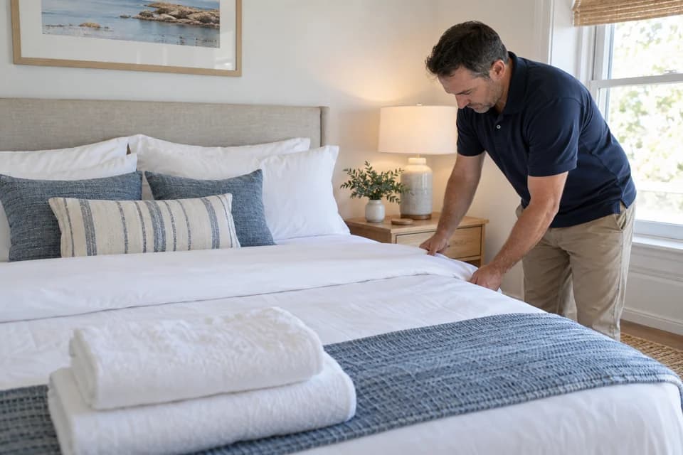 Cleaner tucking white bedding beside a stack of fresh towels