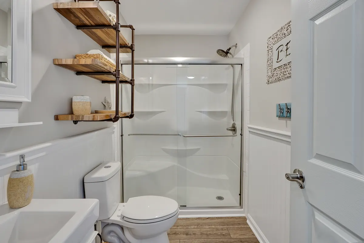 Bathroom with a glass shower enclosure, wooden wall shelves, a toilet and part of a sink