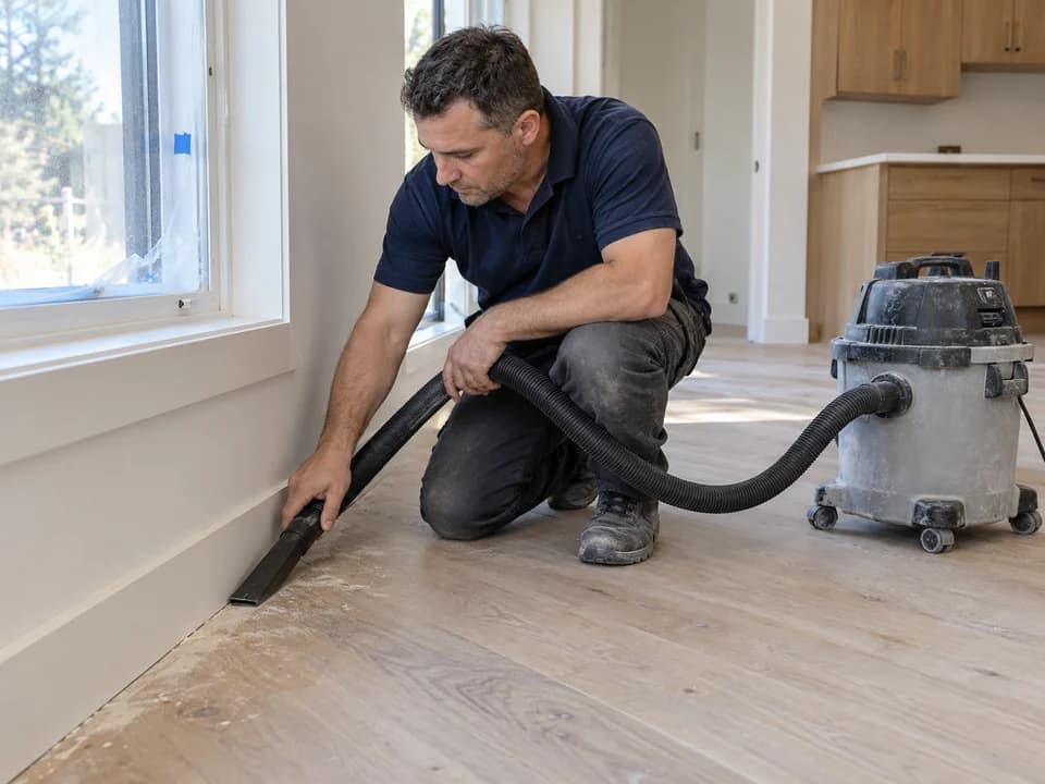 Cleaner vacuuming renovation dust along a baseboard with a wet/dry vacuum