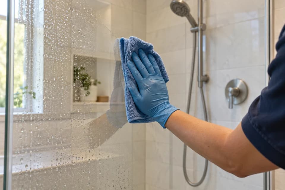 Gloved hand wiping a glass shower panel with a blue microfiber cloth