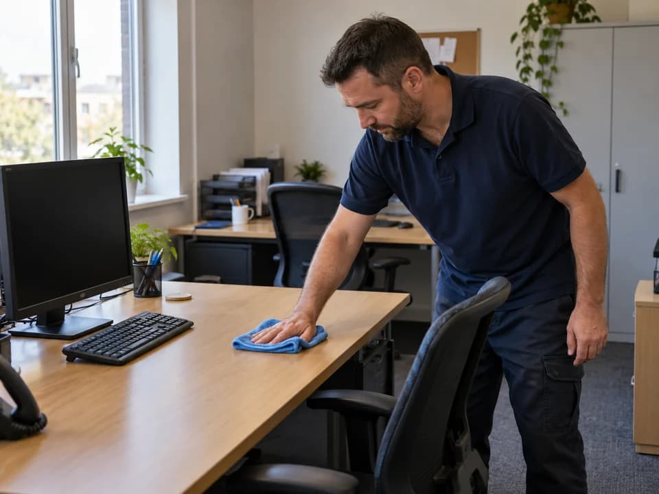 Cleaner wiping an office desk with a blue microfiber cloth